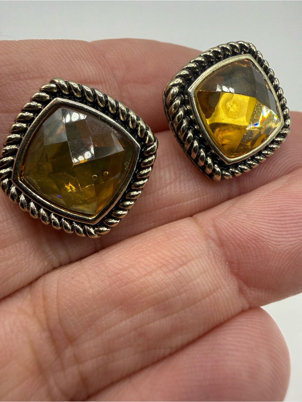 Collectable Napier Golden Amber Faceted Glass Silver Rope-Edge Stud Earring Gift